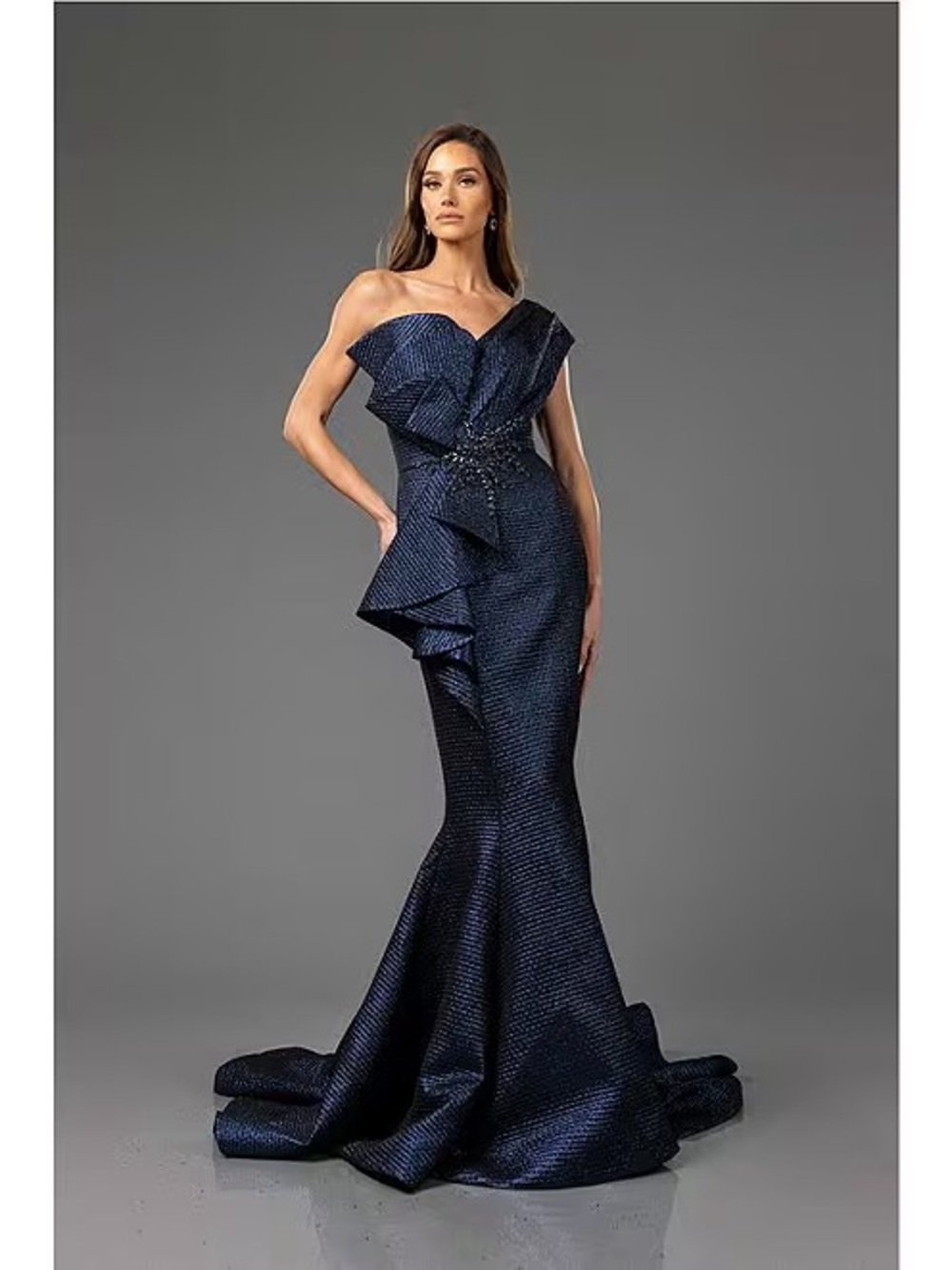 Terani Couture One-Shoulder Navy Structured Ruffle Evening Gown